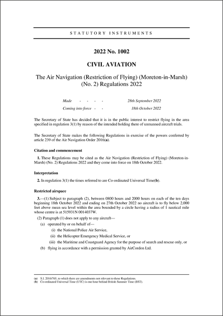 The Air Navigation (Restriction of Flying) (Moreton-in-Marsh) (No. 2) Regulations 2022