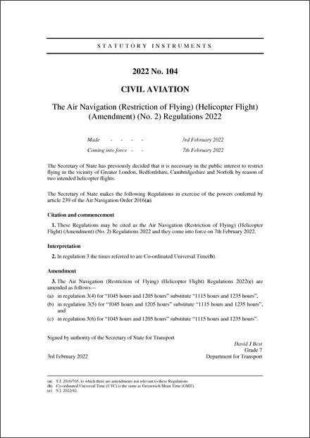 The Air Navigation (Restriction of Flying) (Helicopter Flight) (Amendment) (No. 2) Regulations 2022