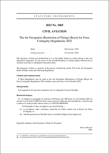 The Air Navigation (Restriction of Flying) (Royal Air Force Coningsby) Regulations 2022