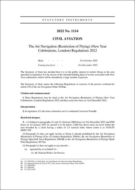 The Air Navigation (Restriction of Flying) (New Year Celebrations, London) Regulations 2022