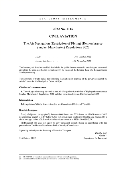 The Air Navigation (Restriction of Flying) (Remembrance Sunday, Manchester) Regulations 2022