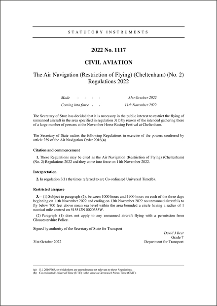 The Air Navigation (Restriction of Flying) (Cheltenham) (No. 2) Regulations 2022