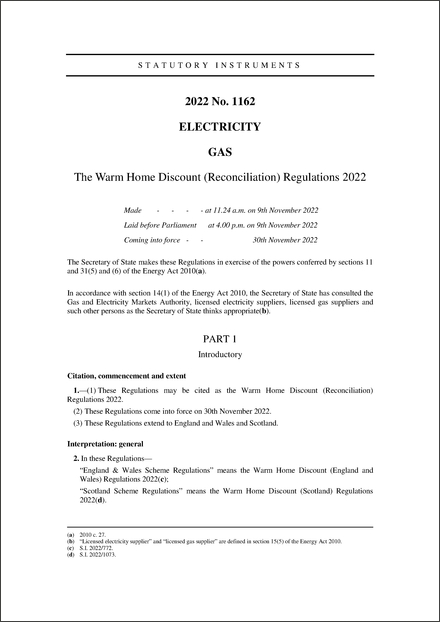 The Warm Home Discount (Reconciliation) Regulations 2022