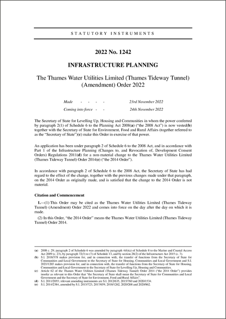 The Thames Water Utilities Limited (Thames Tideway Tunnel) (Amendment) Order 2022
