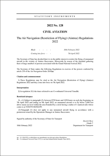 The Air Navigation (Restriction of Flying) (Aintree) Regulations 2022