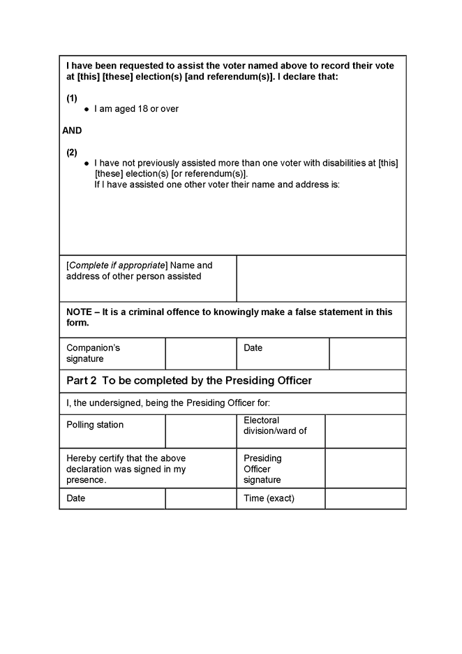 Form of declaration to be made by companion of a voter with disabilities where election combined with another election - principal are elections - page 1