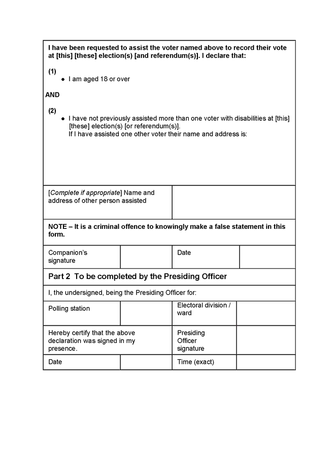 Form of declaration to be made by companion of a voter with disabilities - local parish and community elections combined with another form of election or referendum - page 2