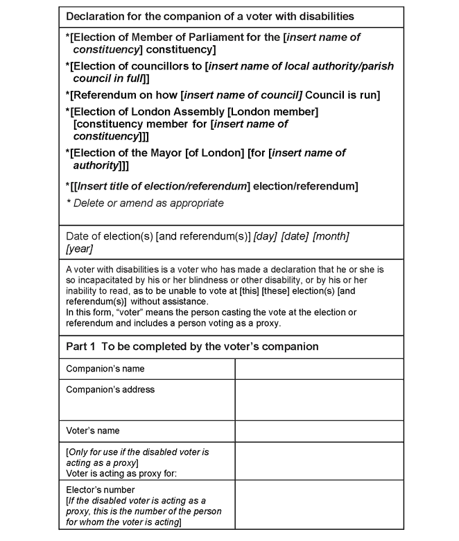 Form of declaration to be made by the companion of a voter or proxy with disabilities for a local authority referendum when combined with another election or referendum - page 1