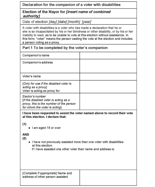 Form of declaration to be made by the companion of a voter with disabilities for a combined authority mayoral election - page 1