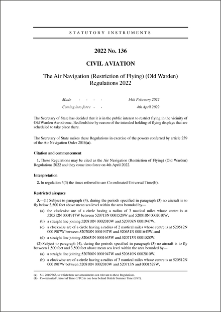 The Air Navigation (Restriction of Flying) (Old Warden) Regulations 2022