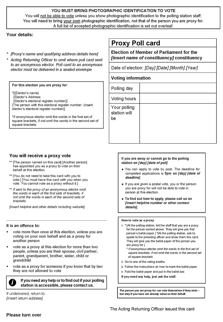 UK Parliamentary elections - England and Wales - Form B: Official proxy poll card (to be sent to an appointed proxy voting in person) - Front of form