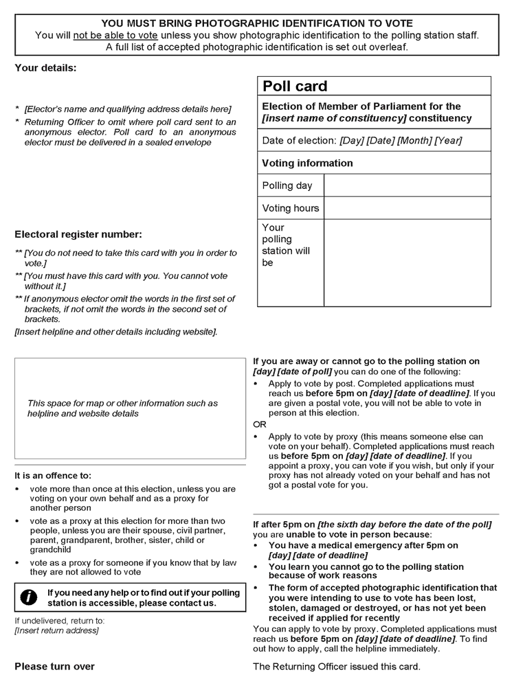 UK Parliamentary elections - Scotland - Form A: Official poll card (to be sent to an elector voting in person) - Front of form