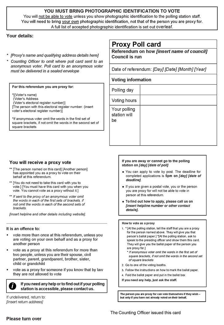 Local referendum - standalone poll - Official Proxy Poll Card (to be sent to an appointed proxy voting in person) - Front of form