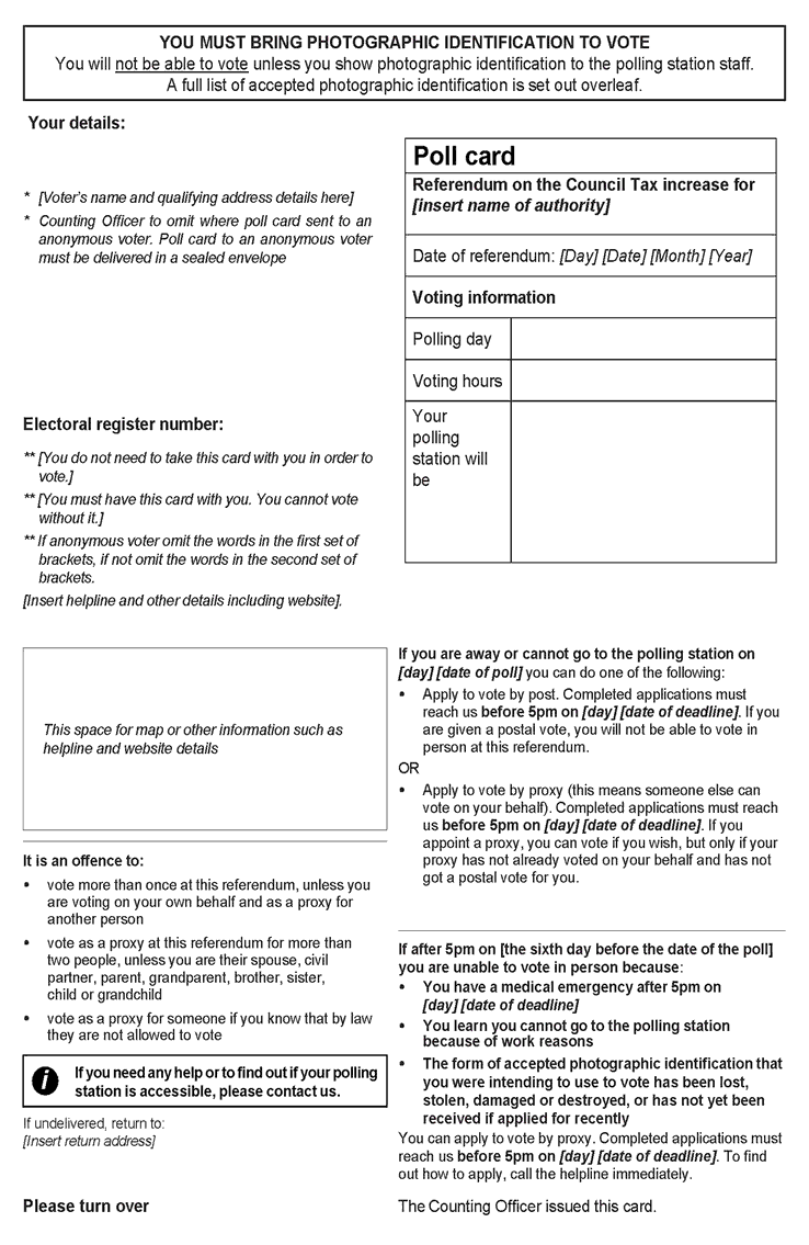 Council Tax Referendum - standalone poll - Official Poll Card (to be sent to a voter voting in person) - Front of form
