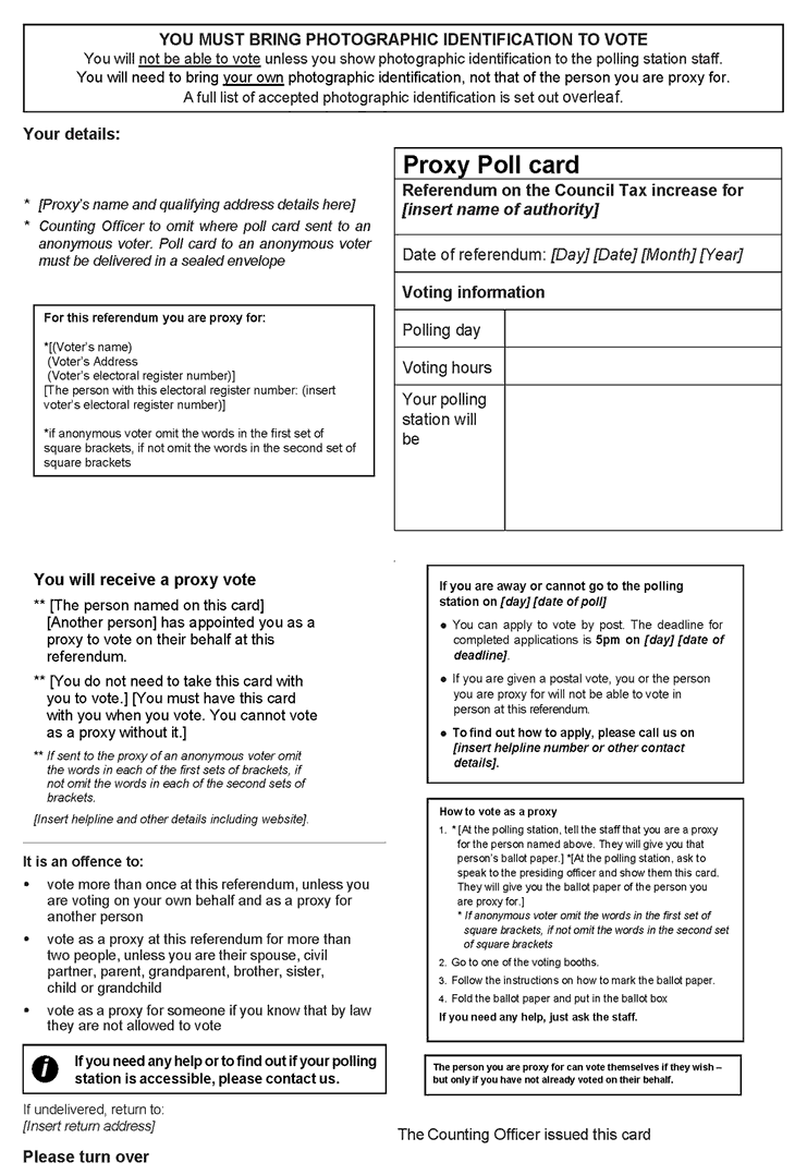 Council Tax Referendum - standalone poll - Official Proxy Poll Card (to be sent to an appointed proxy voting in person) - Front of form