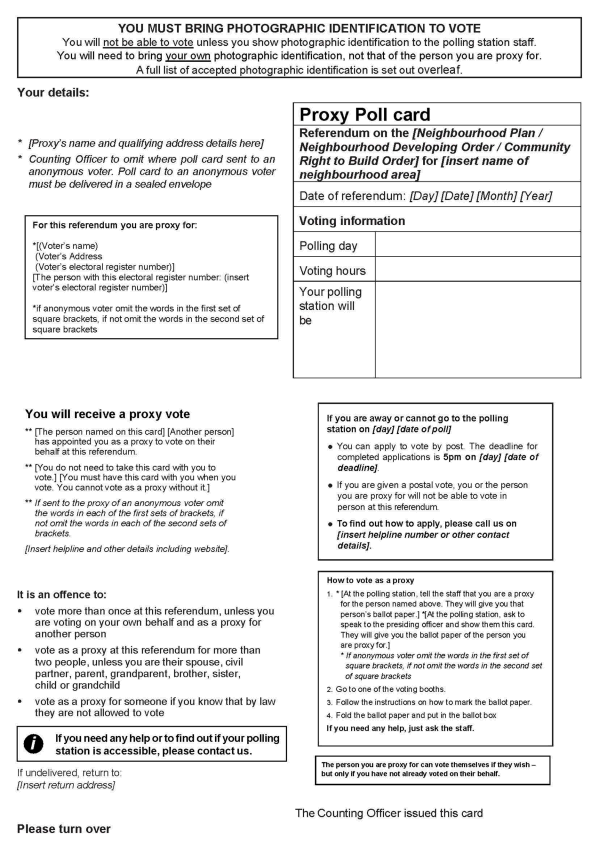 Neighbourhood Planning Referendums - combined polls - Form 10: Official proxy poll card - Front of form