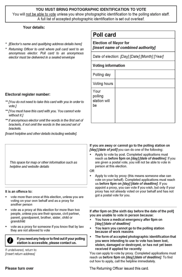 Combined Authority Mayoral elections - combined polls - Form 8: Official poll card - Front of form