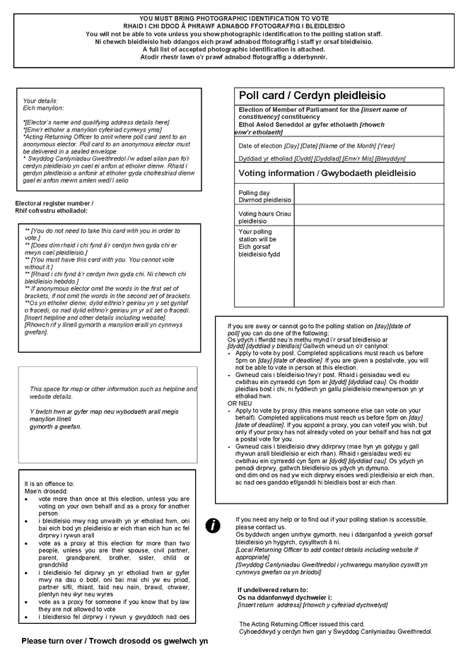 Welsh and English version of Form 5: Official poll card (to be sent to an elector voting in person) - front of form