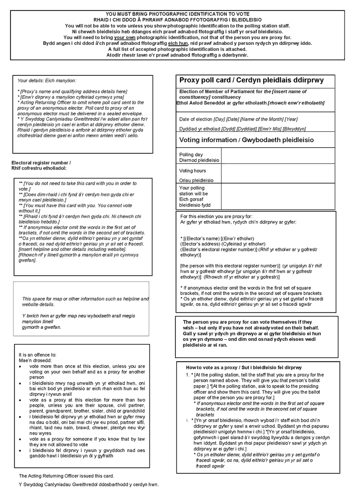 Welsh and English version of Form 7: Official proxy poll card (to be sent to an appointed proxy voting in person) - front of form