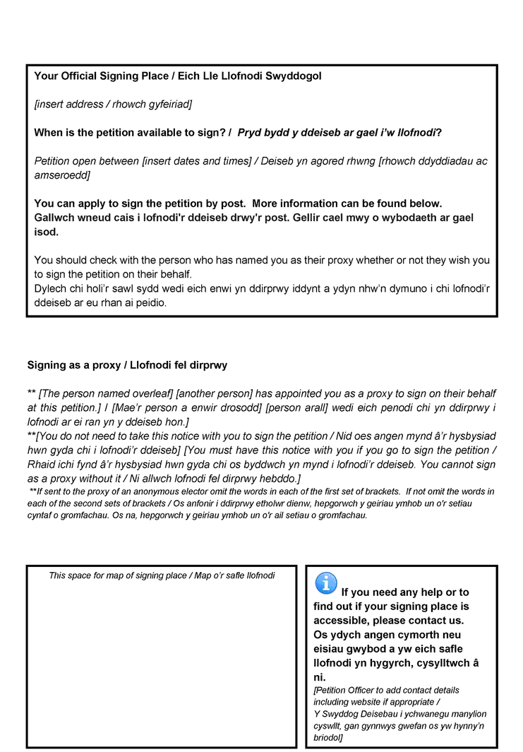 Welsh and English version of Form F: Official petition notice for a proxy who may sign the petition in person - page 3