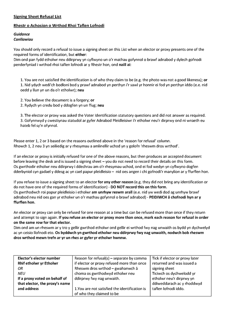 Welsh and English version of Form G1: signing sheet refusal list - page 1