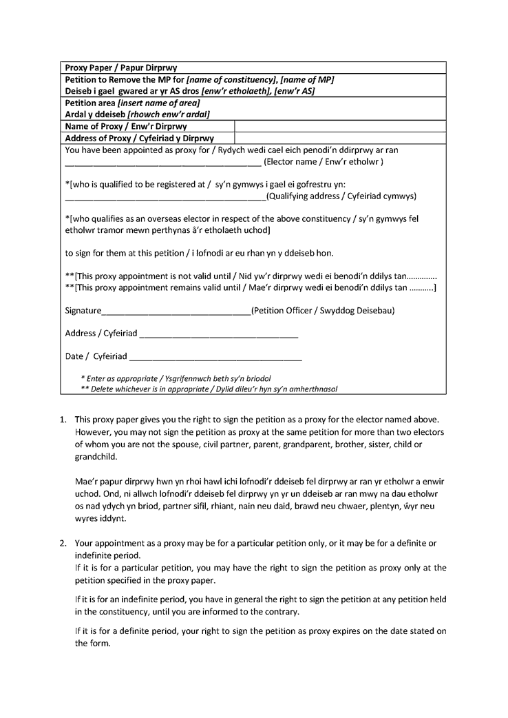 Welsh and English version of Form J: Proxy paper - page 1