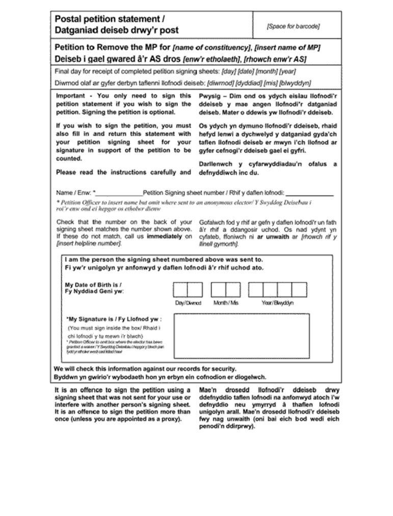 Welsh and English version of Form K: postal petition statement - page 1