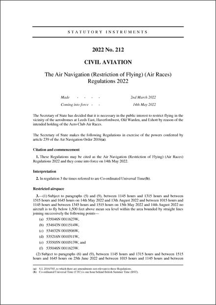 The Air Navigation (Restriction of Flying) (Air Races) Regulations 2022