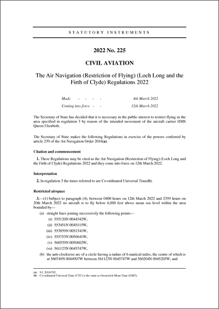The Air Navigation (Restriction of Flying) (Loch Long and the Firth of Clyde) Regulations 2022