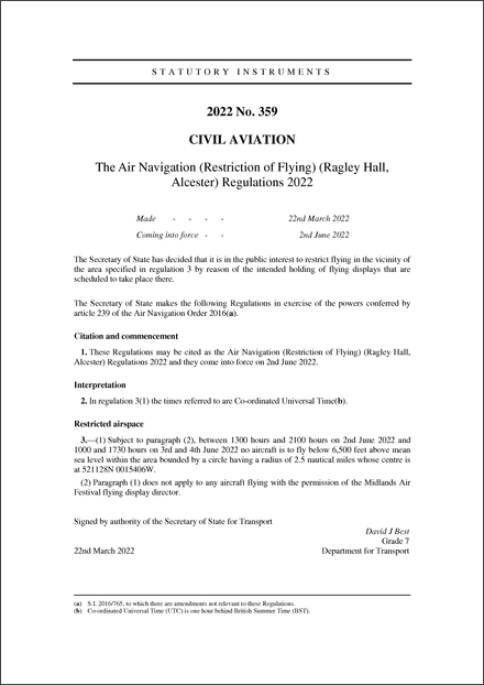 The Air Navigation (Restriction of Flying) (Ragley Hall, Alcester) Regulations 2022