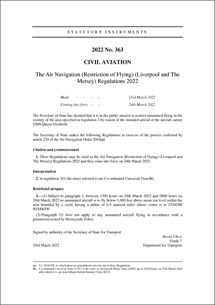 The Air Navigation (Restriction of Flying) (Liverpool and The Mersey) Regulations 2022