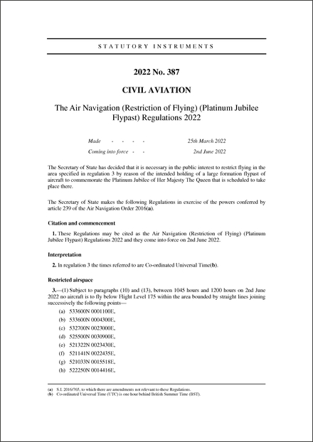The Air Navigation (Restriction of Flying) (Platinum Jubilee Flypast) Regulations 2022