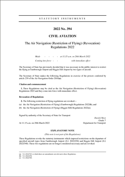 The Air Navigation (Restriction of Flying) (Revocation) Regulations 2022