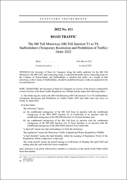 The M6 Toll Motorway (M6 Toll Junction T1 to T8, Staffordshire) (Temporary Restriction and Prohibition of Traffic) Order 2022