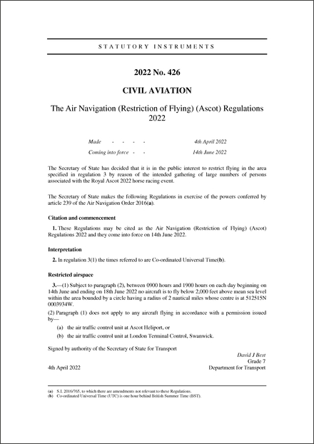 The Air Navigation (Restriction of Flying) (Ascot) Regulations 2022