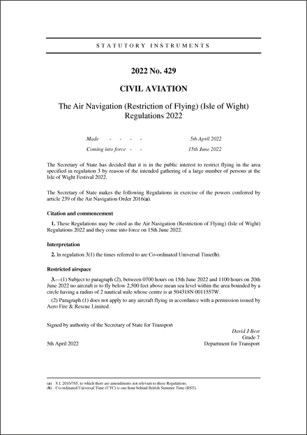 The Air Navigation (Restriction of Flying) (Isle of Wight) Regulations 2022