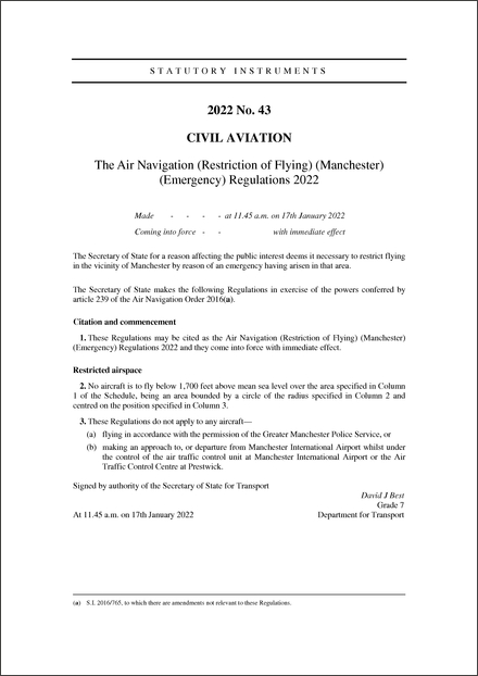 The Air Navigation (Restriction of Flying) (Manchester) (Emergency) Regulations 2022