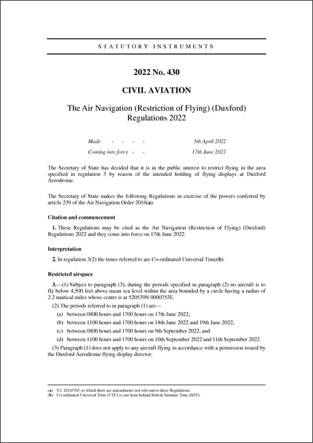 The Air Navigation (Restriction of Flying) (Duxford) Regulations 2022
