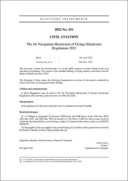 The Air Navigation (Restriction of Flying) (Headcorn) Regulations 2022