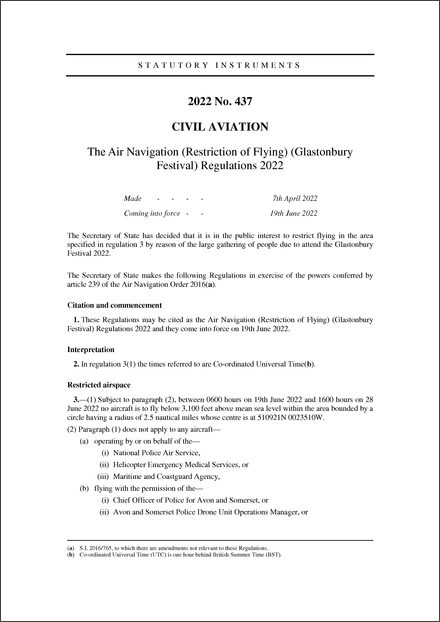 The Air Navigation (Restriction of Flying) (Glastonbury Festival) Regulations 2022