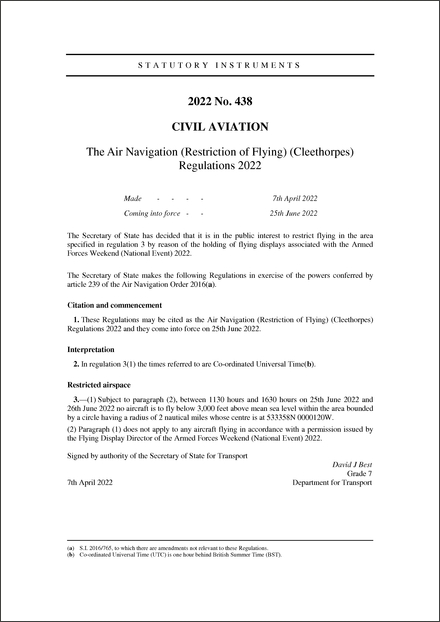 The Air Navigation (Restriction of Flying) (Cleethorpes) Regulations 2022