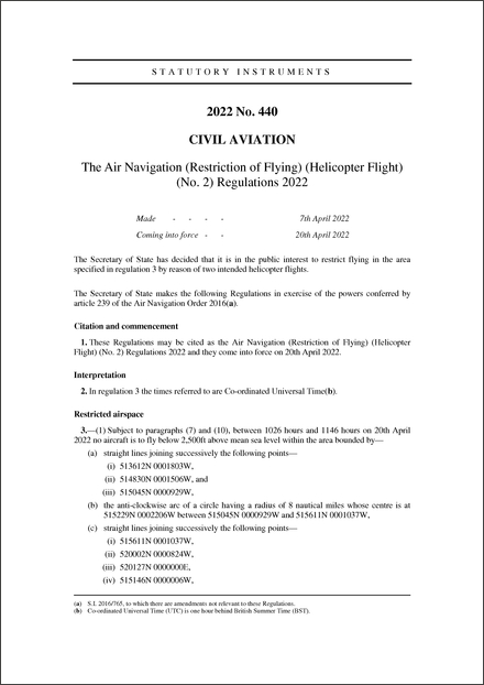 The Air Navigation (Restriction of Flying) (Helicopter Flight) (No. 2) Regulations 2022