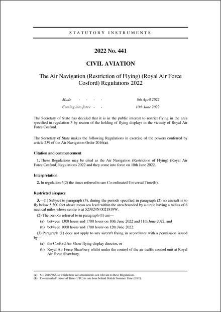 The Air Navigation (Restriction of Flying) (Royal Air Force Cosford) Regulations 2022