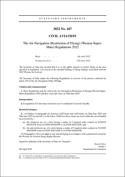 The Air Navigation (Restriction of Flying) (Weston-Super-Mare) Regulations 2022