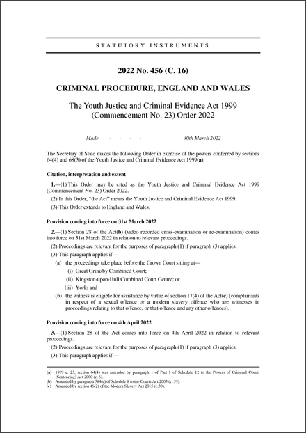 The Youth Justice and Criminal Evidence Act 1999 (Commencement No. 23) Order 2022