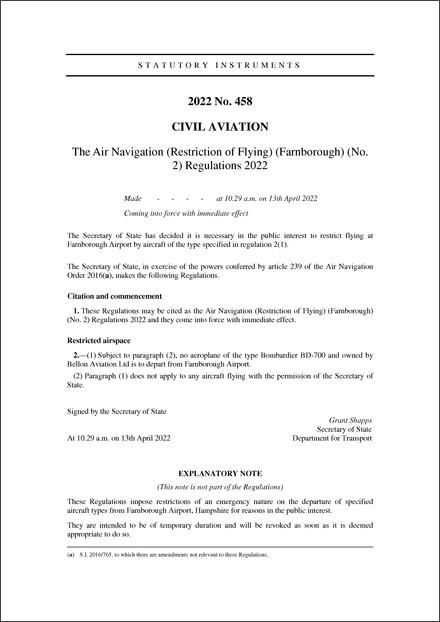 The Air Navigation (Restriction of Flying) (Farnborough) (No. 2) Regulations 2022