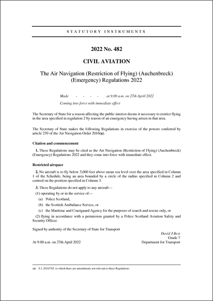 The Air Navigation (Restriction of Flying) (Auchenbreck) (Emergency) Regulations 2022
