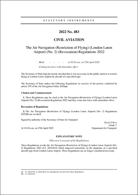 The Air Navigation (Restriction of Flying) (London Luton Airport) (No. 2) (Revocation) Regulations 2022