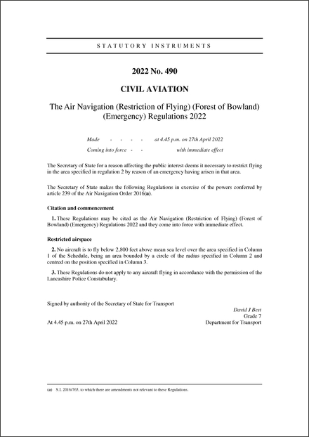 The Air Navigation (Restriction of Flying) (Forest of Bowland) (Emergency) Regulations 2022