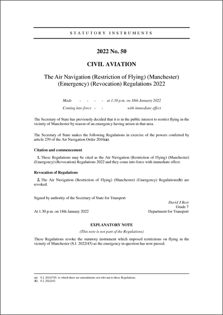 The Air Navigation (Restriction of Flying) (Manchester) (Emergency) (Revocation) Regulations 2022